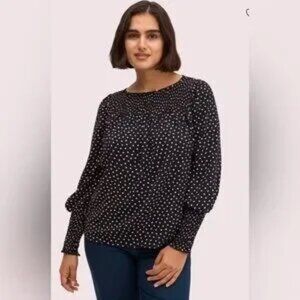 Kate Spade Heartbeat Black White Heart Smocked Long Sleeve Blouse Top Sz L